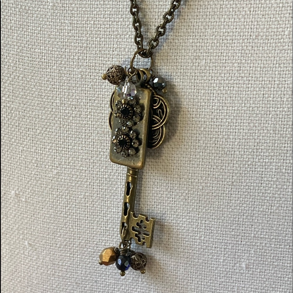 NWT Brass Key Necklace on Brass long chain with Swarovski Crystals